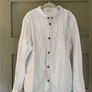 Boys white band collar linen button down shirt